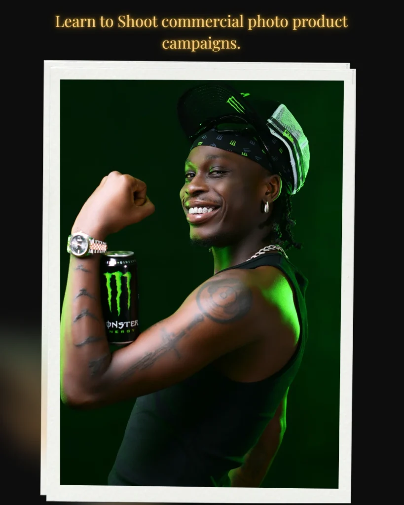 Creative commercial portrait featuring bold green lighting, dynamic posing, and a product-forward composition. Professional studio photography showcasing vibrant brand colors and high-energy visual direction.