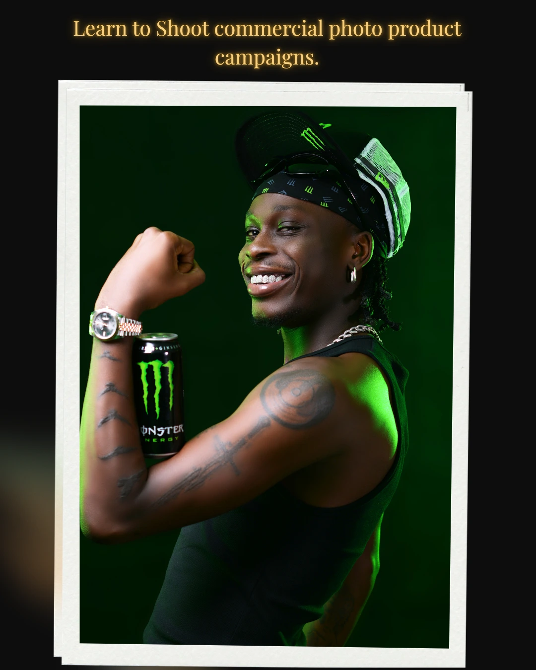 Creative commercial portrait featuring bold green lighting, dynamic posing, and a product-forward composition. Professional studio photography showcasing vibrant brand colors and high-energy visual direction.