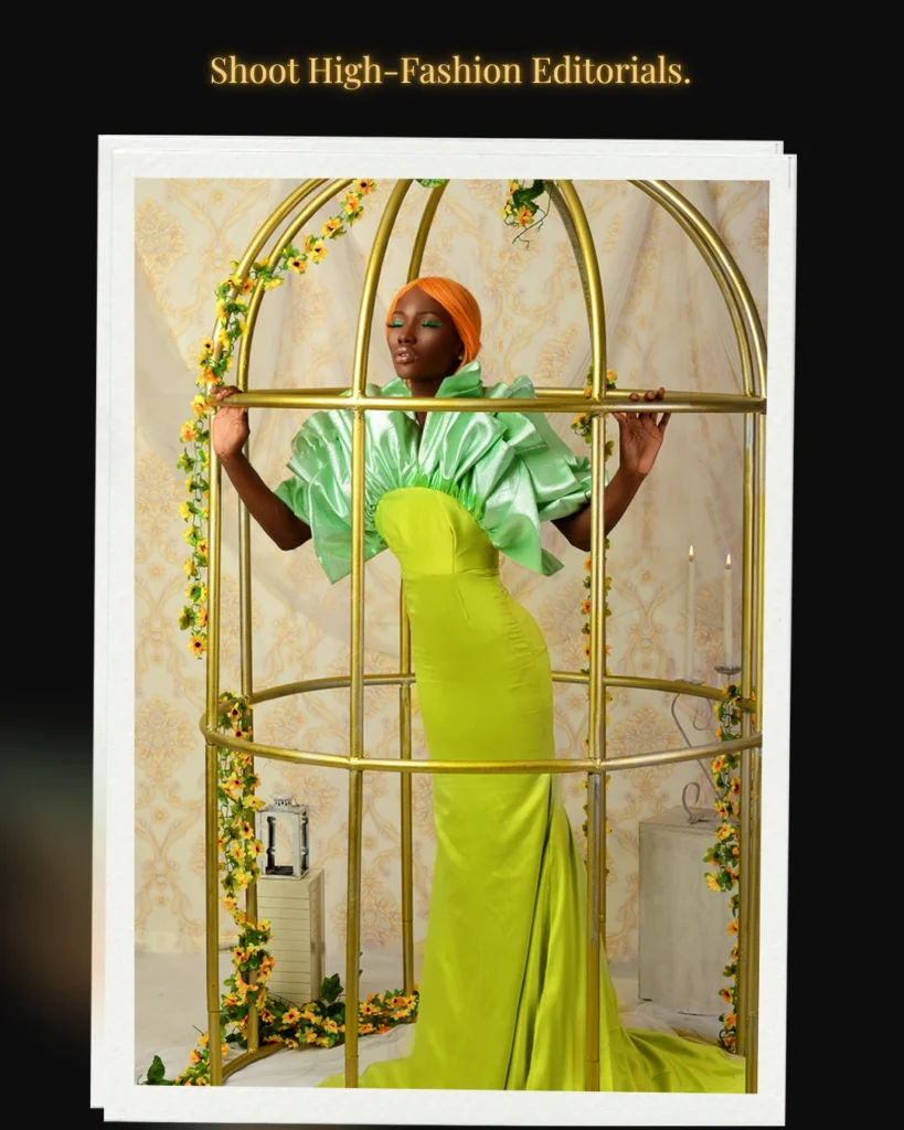 Creative studio photography example showing advanced set design, lighting, and posing with a model in a green dress — the type of image students learn to create in a professional photography class.